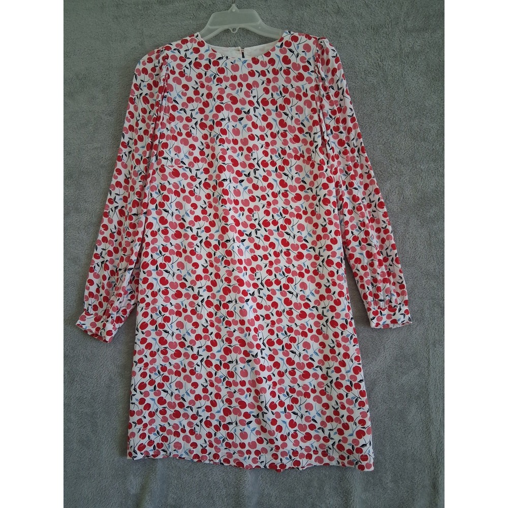 LOFT Cherry Print Shift Dress Sm White Red Long Sleeve Fruit Preppy Euro Summer